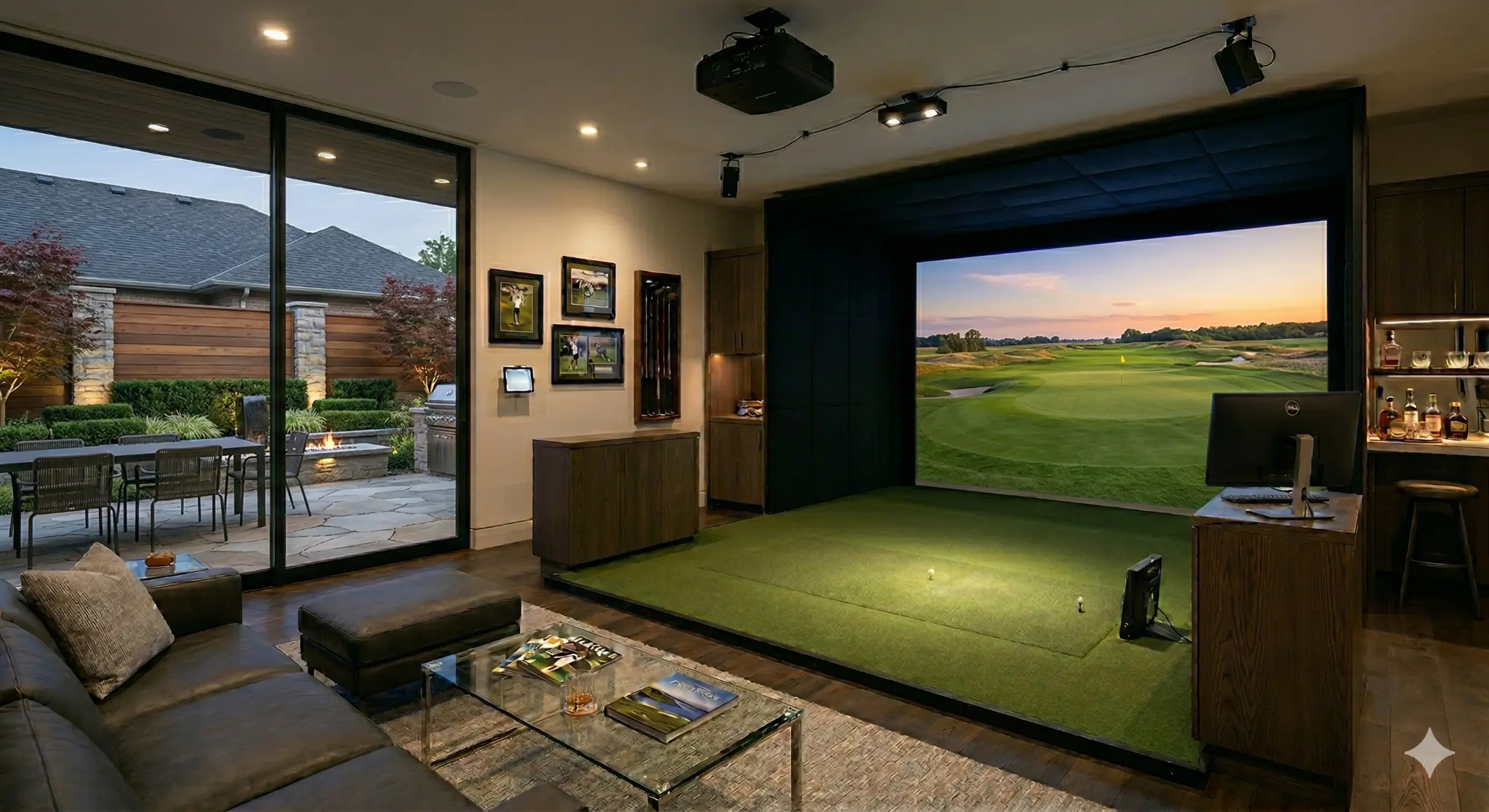 Golf simulator environment with lounge seating