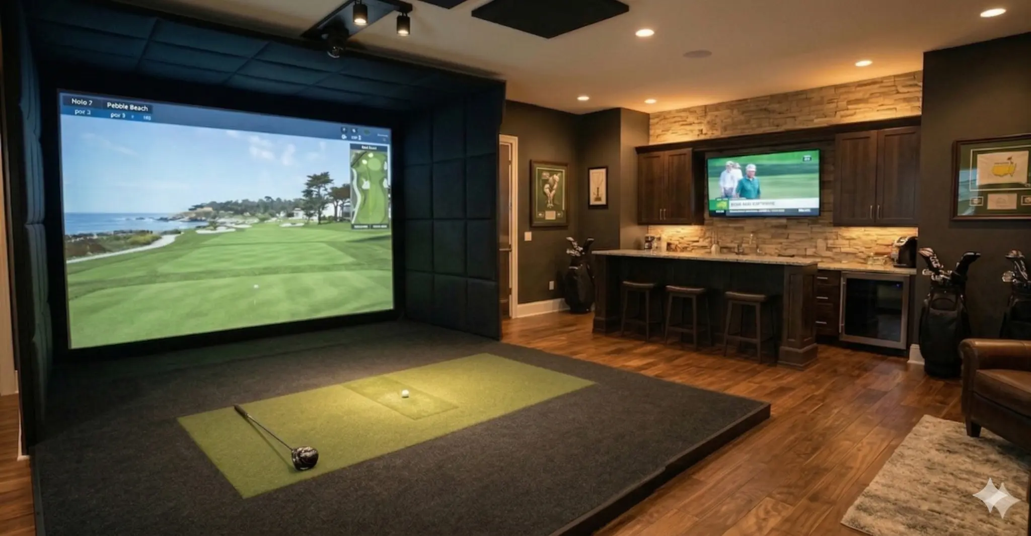 Golf simulator space with turf, screen, and seating