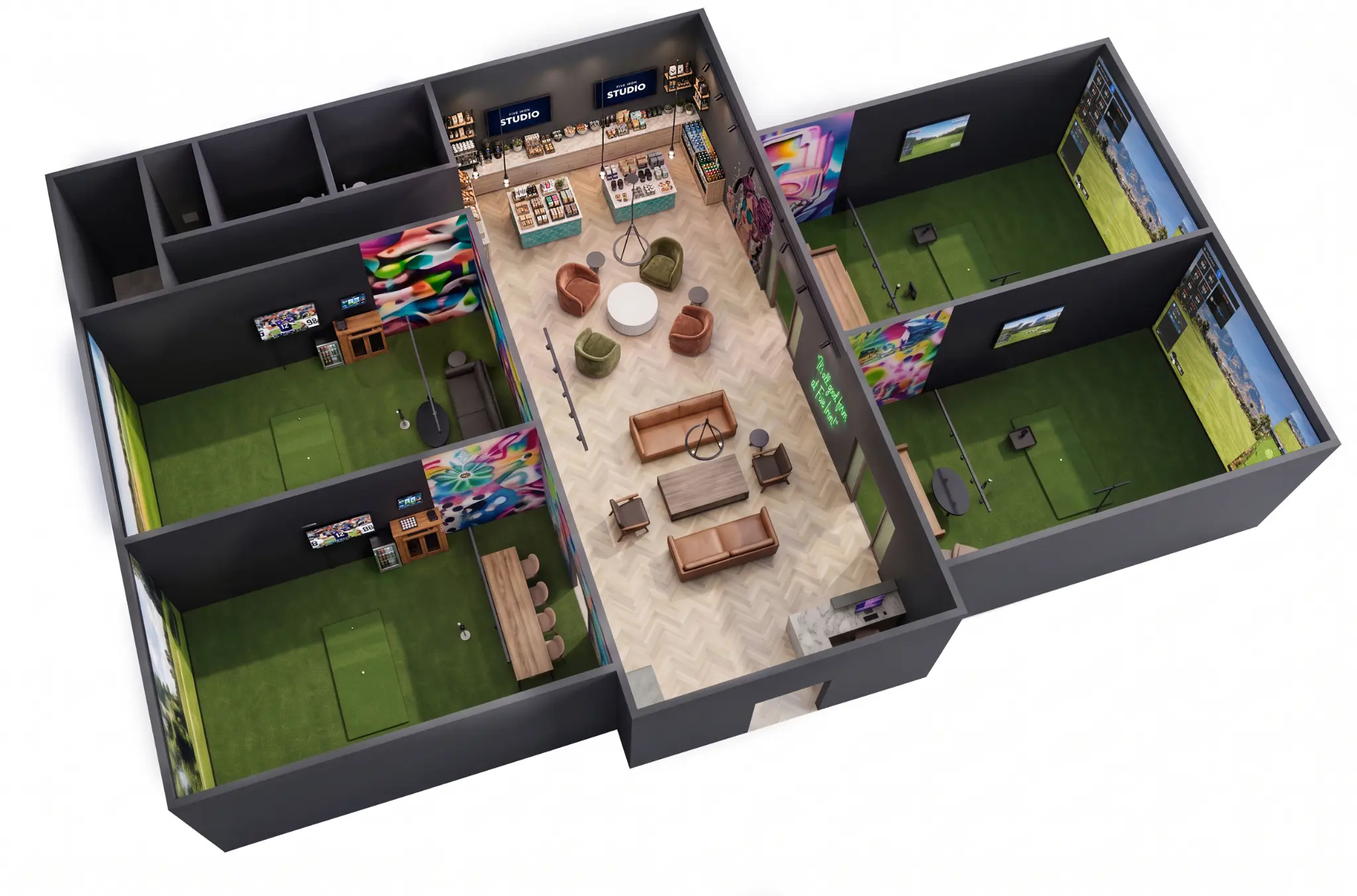 Axonometric rendering of a Five Iron Studio with four golf bays and a central hospitality lounge